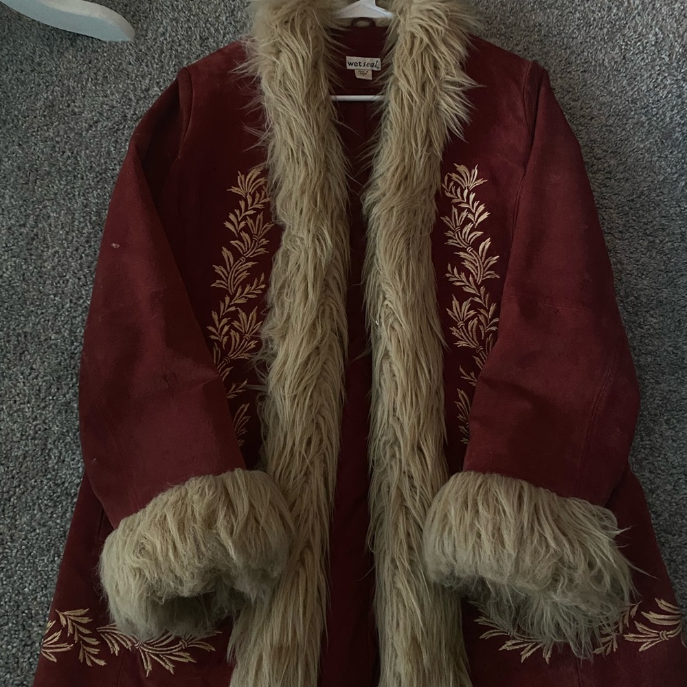 red and cream penny lane coat with fur